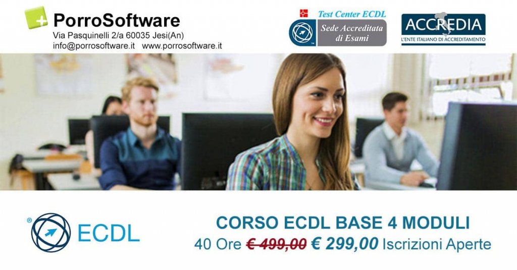 Jesi - Sconto 40% Corso ECDL Base 4 moduli | PorroSoftware | Jesi, via Pasquinelli 2 | Tel. 340 6551992 | Offerta valida fino al 30/09/18 Jesi - Sconto 40% Corso ECDL Base 4 moduli | PorroSoftware | Jesi, via Pasquinelli 2 | Tel. 340 6551992 | Offerta valida fino al 30/09/18