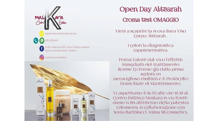 Jesi - 16 marzo: Open Day Altearah! | Centro Estetico MasKara | Jesi, via Fontedamo 14bis | Tel. 388 3996227 | Offerta valida il 16/03/19 Jesi - 16 marzo: Open Day Altearah! | Centro Estetico MasKara | Jesi, via Fontedamo 14bis | Tel. 388 3996227 | Offerta valida il 16/03/19