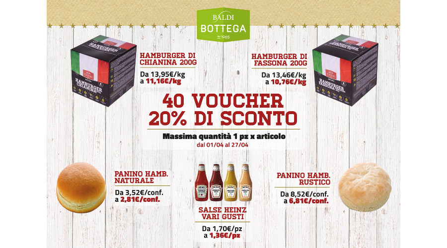 Jesi - Sconto 20% Hamburger, Panini e Salse Heinz | Baldi Bottega | Jesi, Via della Barchetta, 8 | Tel. 073160142 | Offerta valida dall'1/4 al 27/04/19 Jesi - Sconto 20% Hamburger, Panini e Salse Heinz | Baldi Bottega | Jesi, Via della Barchetta, 8 | Tel. 073160142 | Offerta valida dall'1/4 al 27/04/19
