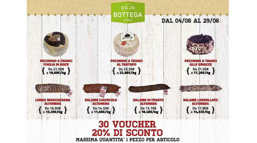 Jesi - Sconto 20% Salumi e Formaggi | Baldi Bottega | Jesi, Via della Barchetta, 8 | Tel. 073160142 | Offerta valida dal 4 al 29/06/19 Jesi - Sconto 20% Salumi e Formaggi | Baldi Bottega | Jesi, Via della Barchetta, 8 | Tel. 073160142 | Offerta valida dal 4 al 29/06/19